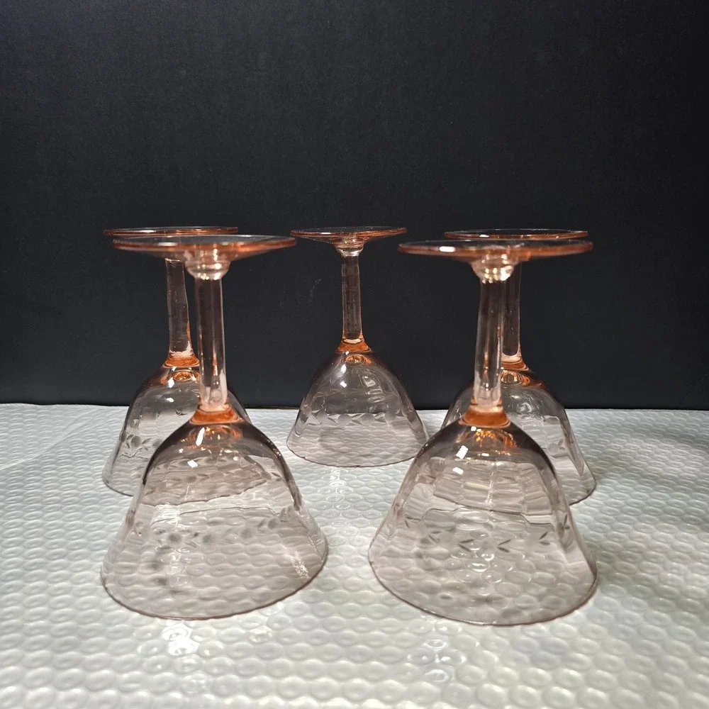 Vintage Pink Depression Glass Champagne Coupes Set Of 5 Etched Design